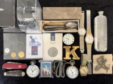 Bag of Mixed Collectables. Includes Pen knifes, Pocket Watches and Chains, Gents Watches, Coins