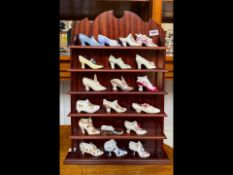 Wooden Display Rack with four shelves, to fit 20 china shoes, various makes, designs and colours, to