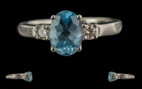 Ladies Iliana Excellent Modern 18ct White Gold Aquamarine and Diamond Set Ring. Marked 18ct to
