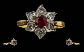 Ladies 18ct Gold Ruby & Diamond Set Flowerhead Design Ring - Marked 18ct To Shank. The Central