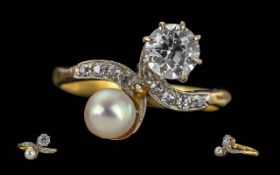 Ladies Excellent 18ct Gold Diamond / Pearl Set Ring. Marked 18ct to Interior of Shank. The Faceted