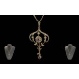 Antique Period Ladies 15ct Gold Open Worked Pendant Set with Seed Pearls and Amethysts with Drop.