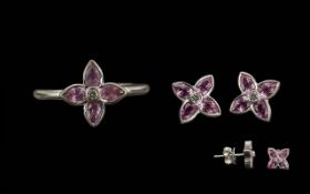 Boodle & Dunthorne,18ct White Gold Diamond And Pink Sapphire 'Flower Press' Ring With Matching