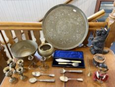 Boxed Lot of Assorted Metal Ware, to include a large round Moroccan tea table top, 23'' diameter,