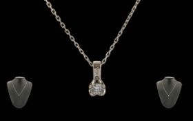 18ct White Gold Diamond Pendant And Chain. Round Modern Brilliant Cut Diamond, Suspended On A Fine