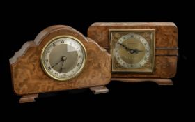 Two Walnut Elliott Mantle Clocks, both with silvered dials and Roman numerals, one marked for Mappin