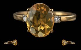 Ladies 9ct Gold Fire Opal and Diamond Set Ring. Marked 9ct to Shank. Fire Opal of Pleasing Colour,