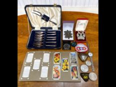 Bag of Collectables. Includes Costume Jewellery, Watches, Wills Cigarette Cards, Boxed Silver Plated