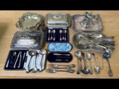 Large Box of Silver Plate, to include lidded pans, boxed teaspoons, boxed tongs, nutcrackers,