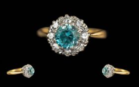 Ladies Pleasing 18ct Gold Blue Zircon and Diamond Set Cluster Ring. Marked 18ct to Interior of