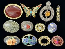 Collection of Good Quality Brooches. Includes Butterfly, Agates, Flowers etc. Please See Photo.