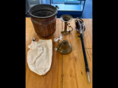 A Collection of Vintage Items to include Shooting Stick, copper coal bucket, bell and candle stick.