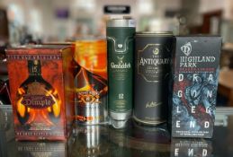 Five Bottles of Whisky to include Antiquary, Dimple, Chivas Regal, Highland Park and Glenfiddich.