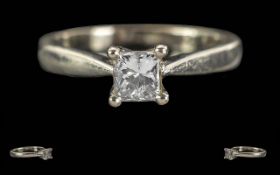 Platinum Single Stone Diamond Ring. Set With A Princess Cut Diamond Ring, Estimated Diamond