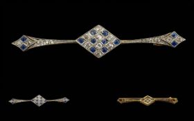 Art Deco Period Ladies 18ct Gold and Platinum Diamond and Blue Sapphire Set Brooch. Not Marked but