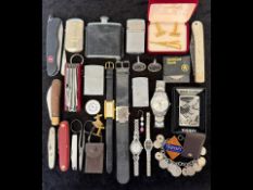 Bag of Mixed Collectables. Includes Gents Watches, Pen Knifes, Lighters, Coins etc.