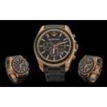 Emporio Armani Gents Gold Tone and Black Rubber Chronograph Quartz Wrist Watch. Features Water