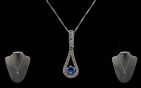 Iliana Ladies Excellent 18ct White Gold Tanzanite and Diamond Set Pendant Drop, Attached to a 18ct