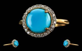 Ladies - Pleasing 9ct Gold Turquoise Stone and Diamond Set Ring. Full Hallmark to Interior of Shank.