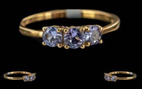 9ct Gold Tanzanite Ring, Three Round Cut Tanzanites, Fully Hallmarked, New Condition With Tag, Gross