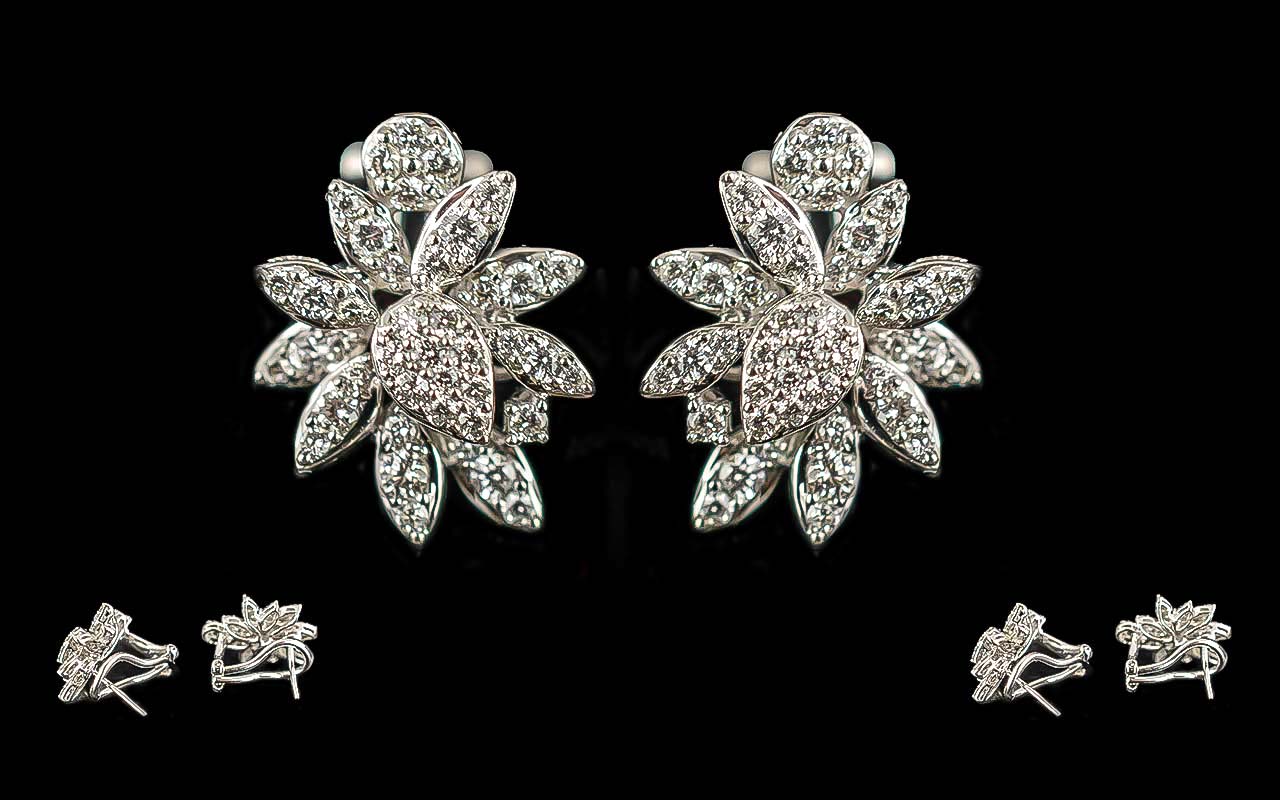 Ladies Excellent Pair of 18ct White Gold Modern Diamond Set Earrings. Marked 750 - 18ct. Pleasing