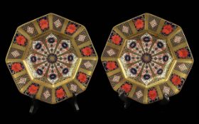 Royal Crown Derby Pair Of Octagonal Shaped Old Imari Full 24ct Gold Banded Cabinet Plates -
