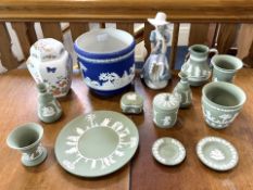 A Collection of Wedgwood Jasper Ware to include large Jardiniere, blue background along with smaller