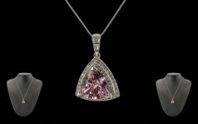 Rhapsody Ladies - Excellent Platinum Diamond and Kunzite Set Heart Shaped Pendant - Attached to a