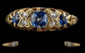 Antique Period Ladies 18ct Gold Pleasing Sapphire & Diamond Set Ring - Marked 18ct To Shank.