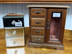 Two Jewellery Boxes, a mirrored three drawer jewellery box, and a wooden four drawer and glass
