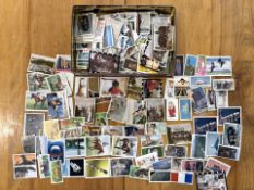 Tin of old cigarette, tea and other cards. Unsorted (some very old) cards in an old Marks and