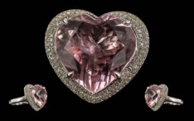 Ladies 18ct White Gold Heart Shaped Pink Topaz and Diamond Set Ring. Marked 18ct to Interior of