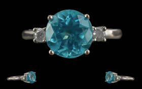 Ladies - Pleasing 14ct White Gold Paraibe Apatite Faceted Stone and Diamond Set Ring. Paraibe