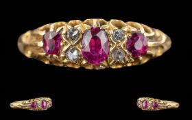 Antique Period Ladies 18ct Gold Ruby & Diamond Set Ring - Raised Openworked Setting. Rubies Of