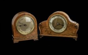 Two Elliott Mahogany Mantle Clocks, one marked Stewart, Glasgow. Silvered dials with Roman numerals.