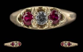 Antique Period Ladies 18ct Gold 3 Stone Ruby and Diamond Set Ring. Marked 18ct to Shank. Rubies /