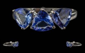 Ladies 9ct White Gold 3 Stone Tanzanite Set Ring - Marked 9ct. Well Matched Tanzanites Of Pleasing