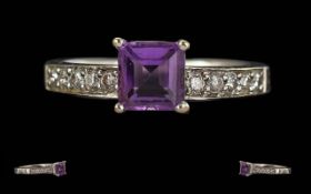Ladies 18ct White Gold Amethyst and Diamond Set Ring. Marked 750 to Interior of Shank. The Central