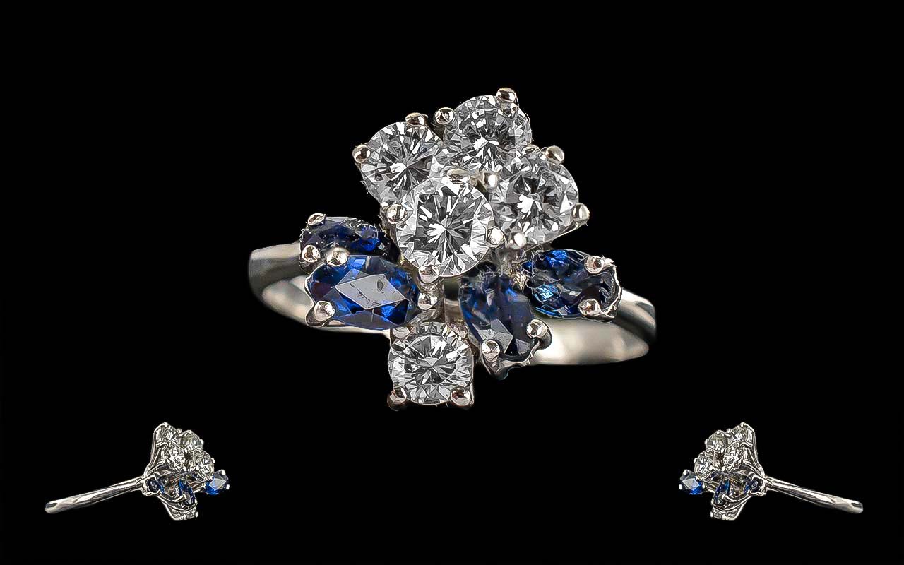 Ladies Pleasing Quality 18ct White Gold Diamond & Sapphire Set Dress Ring - Marked To Interior Of