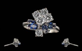 Ladies Pleasing Quality 18ct White Gold Diamond & Sapphire Set Dress Ring - Marked To Interior Of