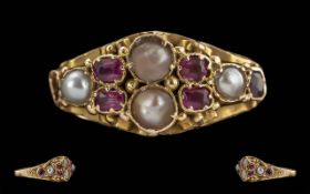 Antique Period 15 ct Gold Ladies Ornate Pearl & Garnet Set Ring - Tests 625 (15 ct) Pleasing