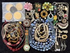 A Collection of Items to include - A Watch, Beads, Brooches, Pendants, Earrings, Headband, Coins