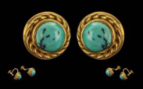 Pair Of Antique 9ct Gold Turquoise Set E