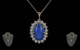 Ladies Superb Quality 18ct White Gold Blue Opal & Diamond Set Pendant, attached to a later 9ct