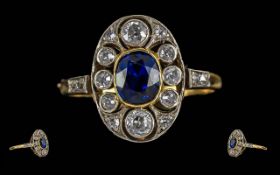 Ladies Excellent 1920's 18ct Gold Sapphire and Diamond Set Ring. Pleasing Design / Form. Marked 18ct