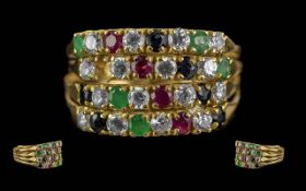 Ladies 18ct Gold Multi-Gem Set ' 4 Rings In One ' Marked 18ct. Comprises Diamonds, Blue Sapphires,