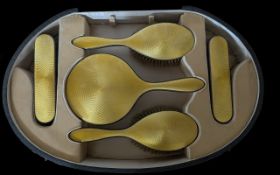 Art Deco Walker and Hall Sterling Silver & Yellow Enamel Dressing Table Set. In Original Walker