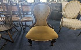 19th Century Mahogany Spoon Back Chair, on castors, button back mustard coloured velvet upholstery.