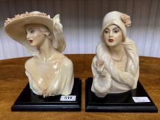 Two Italian Re-constituted Marble Sculptural Busts of elegant 1930's females in dresses and hats,