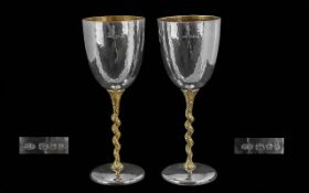 Stuart Devlin Pair of Silver Goblets. Planished trumpet shaped bowls on a gilt twisted stem. Fully